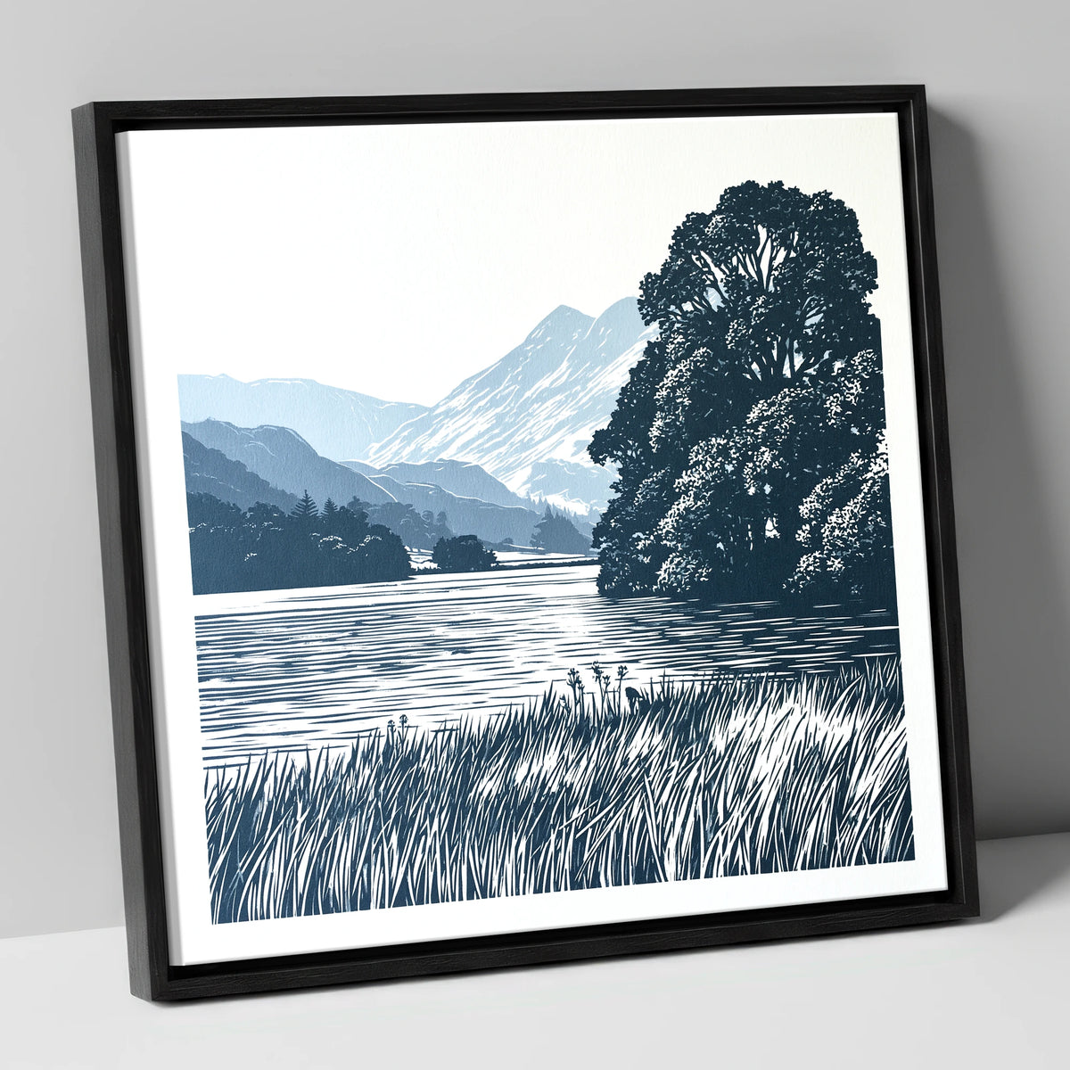Grasmere Lake in Navy Blue lake district lake canvas wall art in black frame