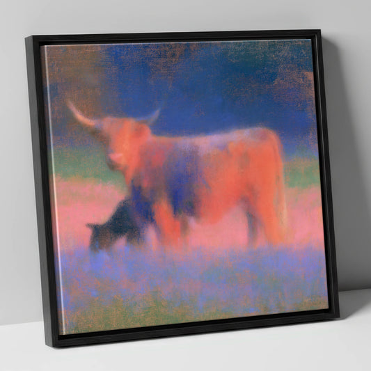 Highland Cattle in Twilight Haze lake district wildlife canvas wall art in black frame