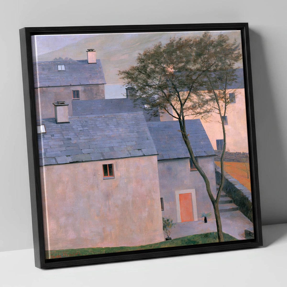 Pastel Light on Slate Cottages lake district village canvas wall art in black frame