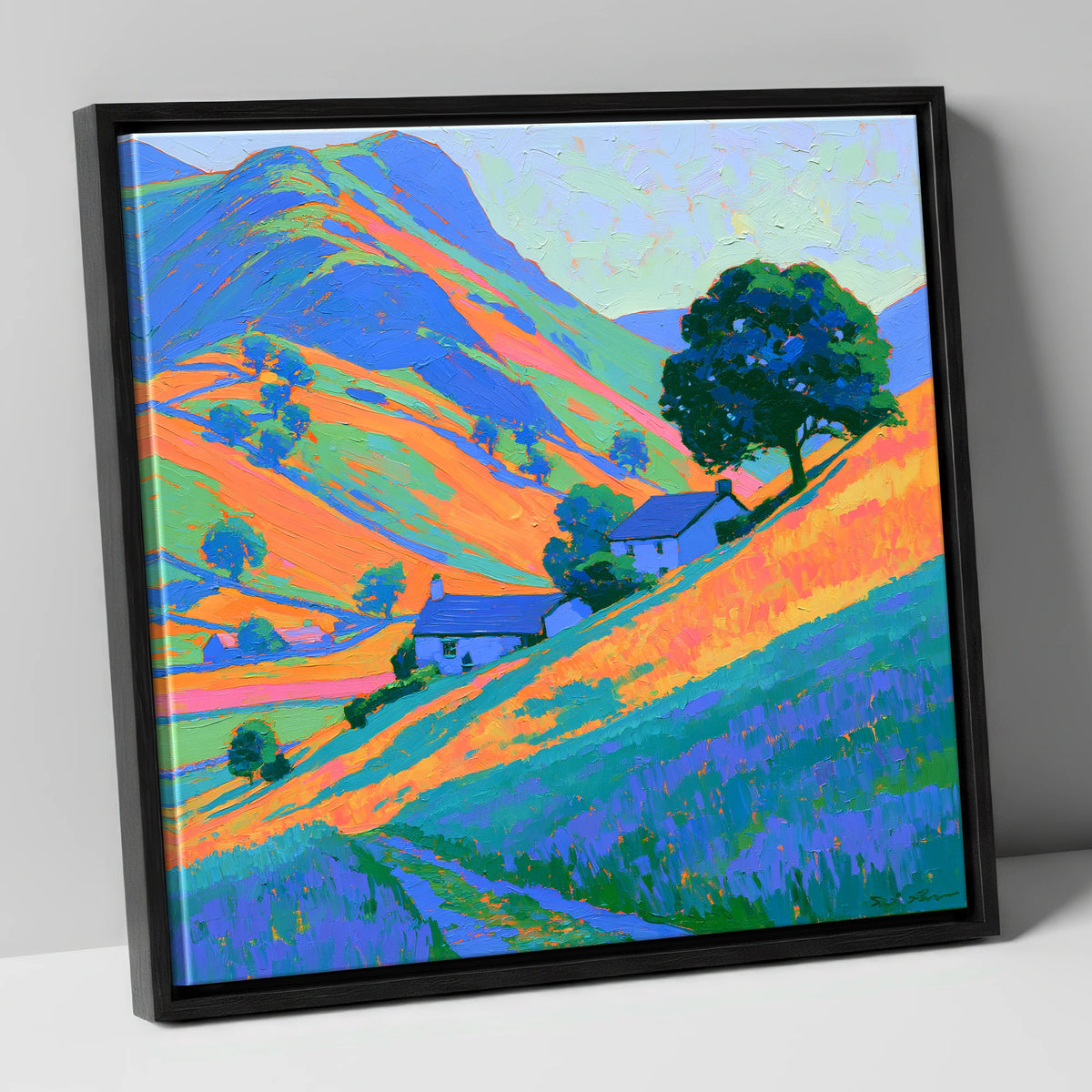 Fellside Cottages in Golden Evening Light lake district sky canvas wall art in black frame