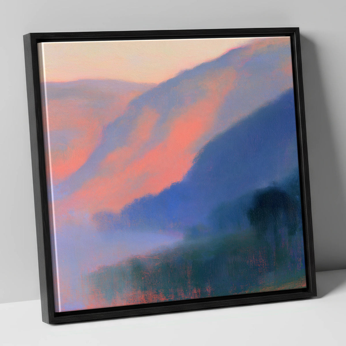 Pink Dawn Over Valley Mist lake district sky canvas wall art in black frame