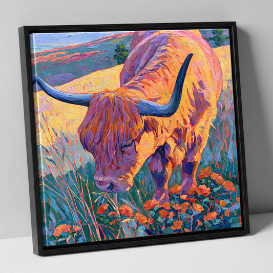 Vibrant Highland Cow Grazing the Fells lake district wildlife canvas wall art in black frame