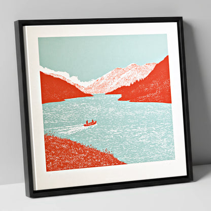 Coniston Water in Vivid Red lake district lake canvas wall art in black frame