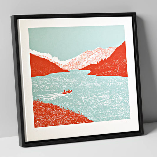 Coniston Water in Vivid Red lake district lake canvas wall art in black frame