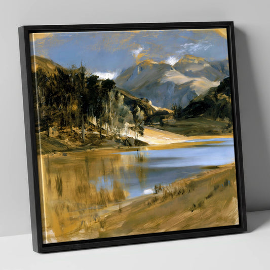 Lake and Fells in Ochre Light lake district lake canvas wall art in black frame