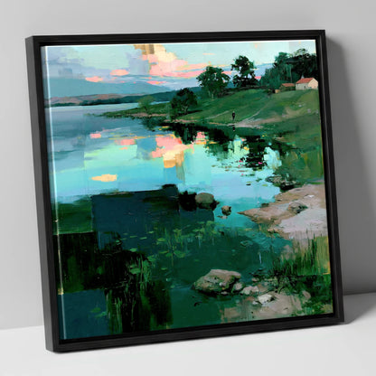 Turquoise Lake at Pink Sunrise lake district lake canvas wall art in black frame