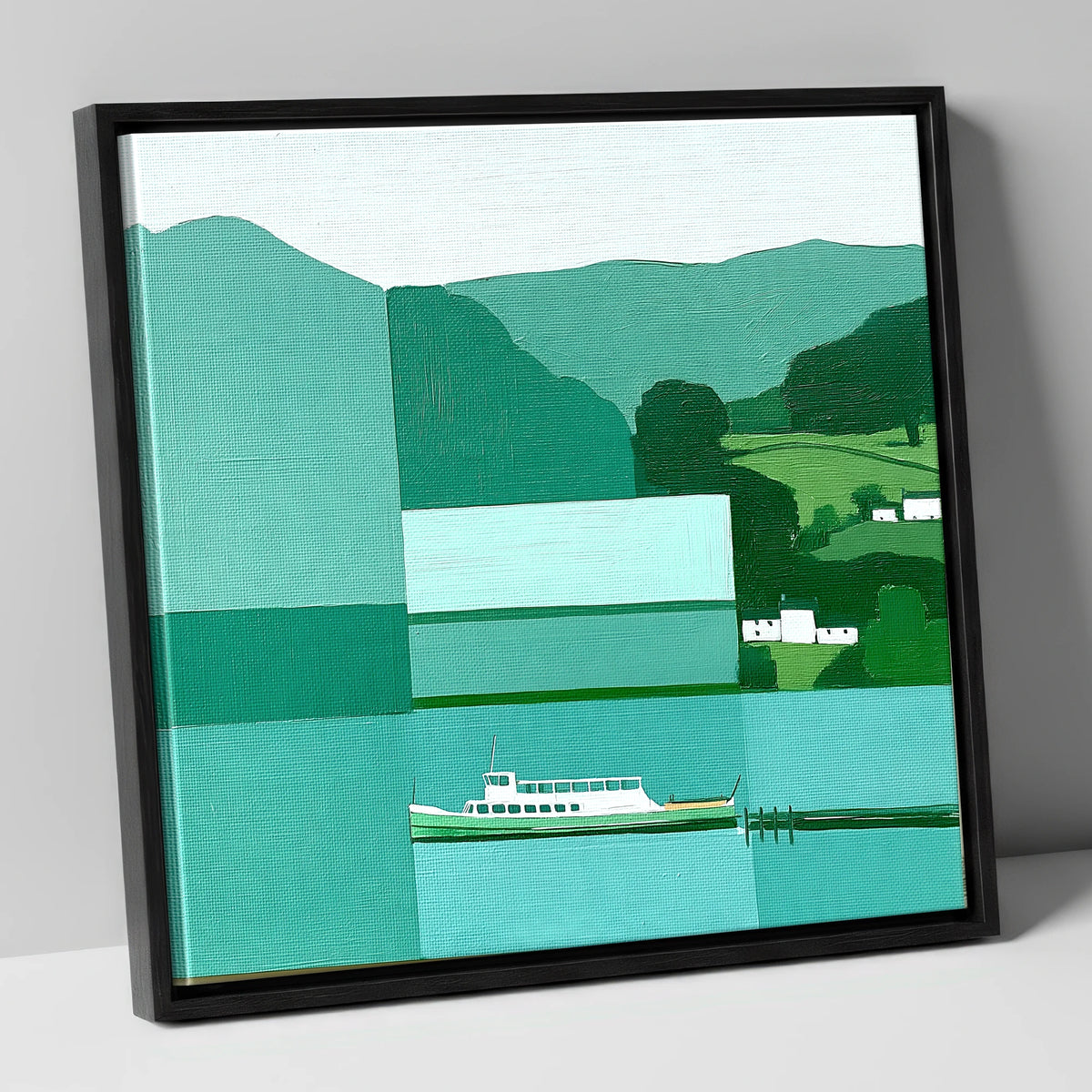Geometric Ullswater Steamer at Glenridding lake district village canvas wall art in black frame