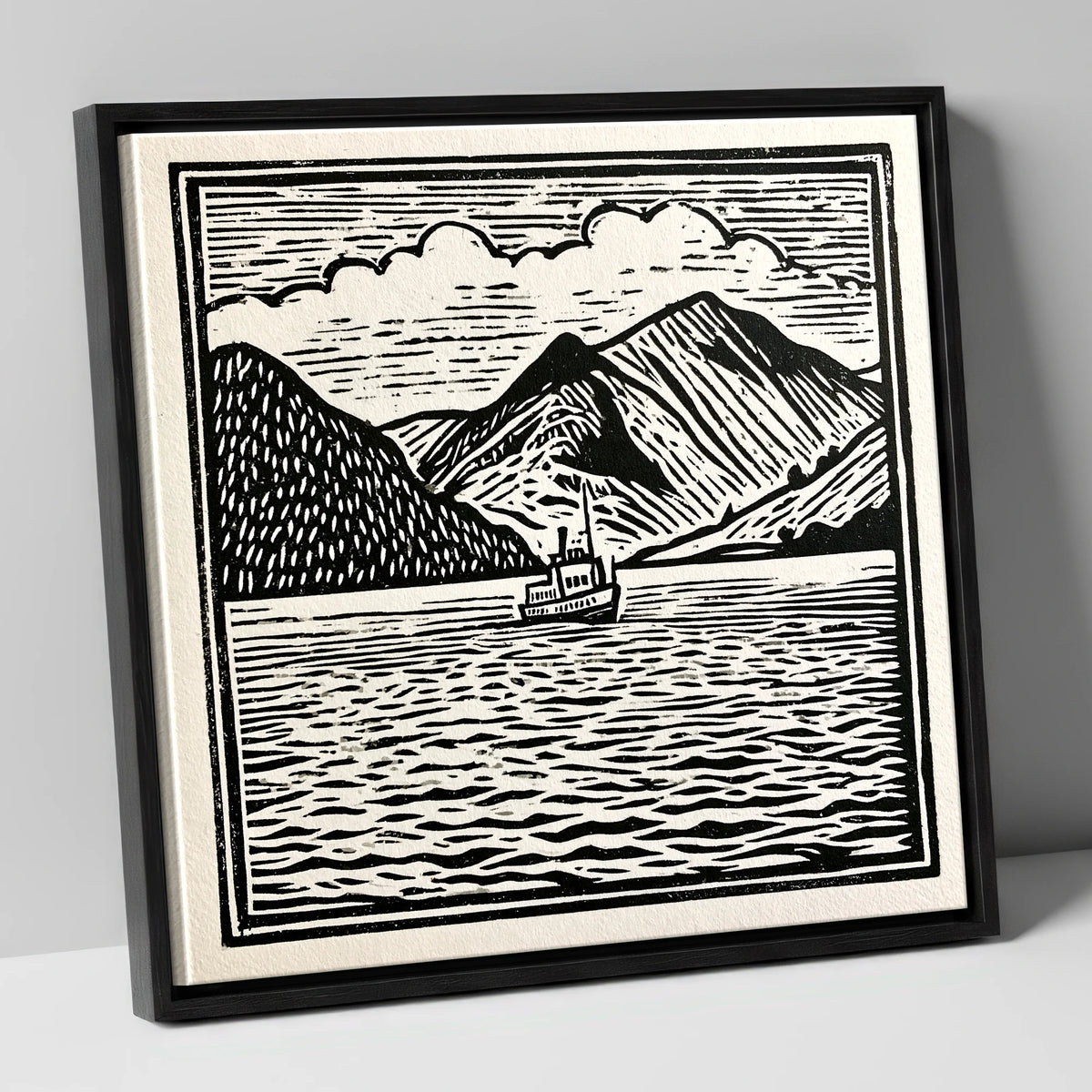 Bold Monochrome Ullswater Steamer lake district lake canvas wall art in black frame