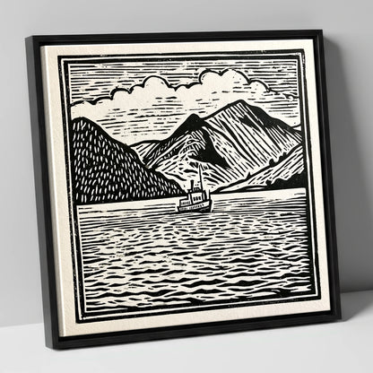 Bold Monochrome Ullswater Steamer lake district lake canvas wall art in black frame