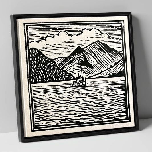 Bold Monochrome Ullswater Steamer lake district lake canvas wall art in black frame