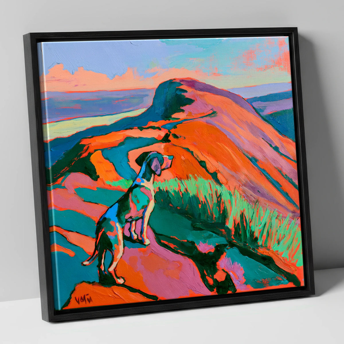 Vibrant Dog on Helvellyn Summit gifts for dog walkers canvas wall art in black frame