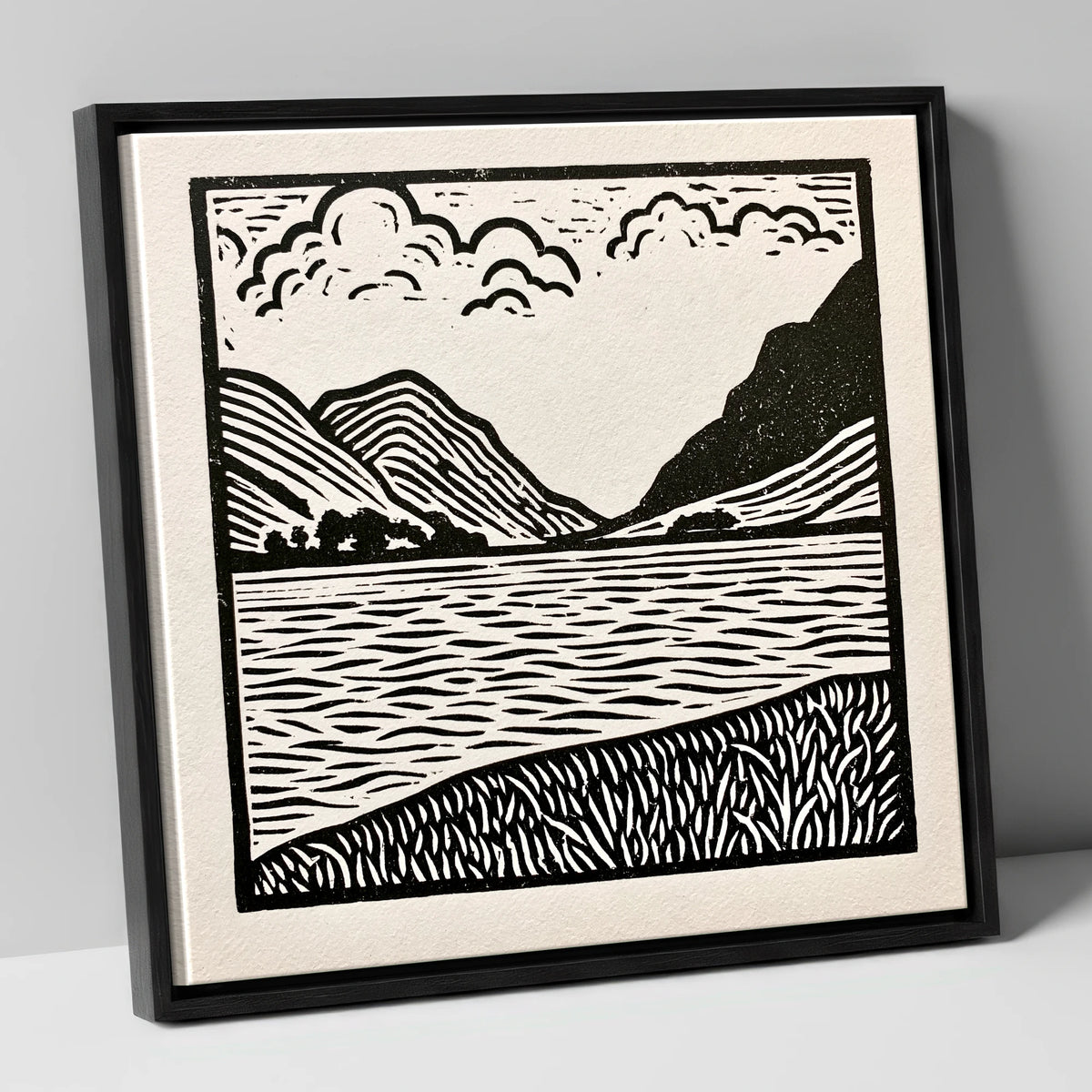 Ullswater in Monochrome lake district lake canvas wall art in black frame