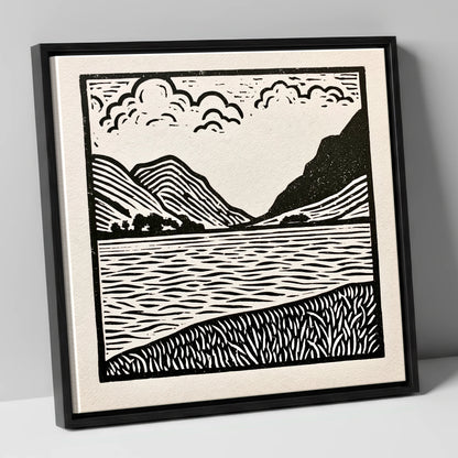 Ullswater in Monochrome lake district lake canvas wall art in black frame