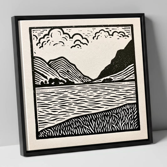 Ullswater in Monochrome lake district lake canvas wall art in black frame