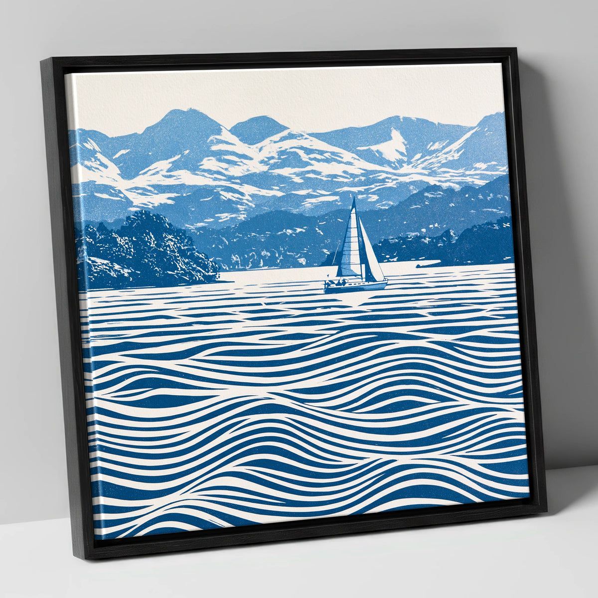 Windermere Sailboat in Cobalt Blue lake district lake canvas wall art in black frame