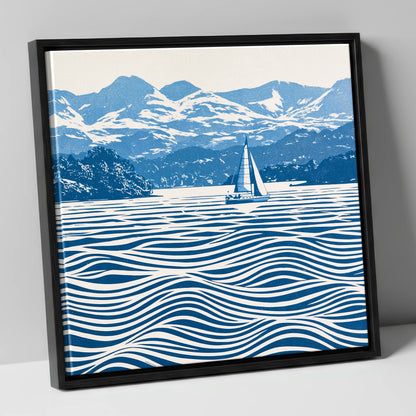 Windermere Sailboat in Cobalt Blue lake district lake canvas wall art in black frame