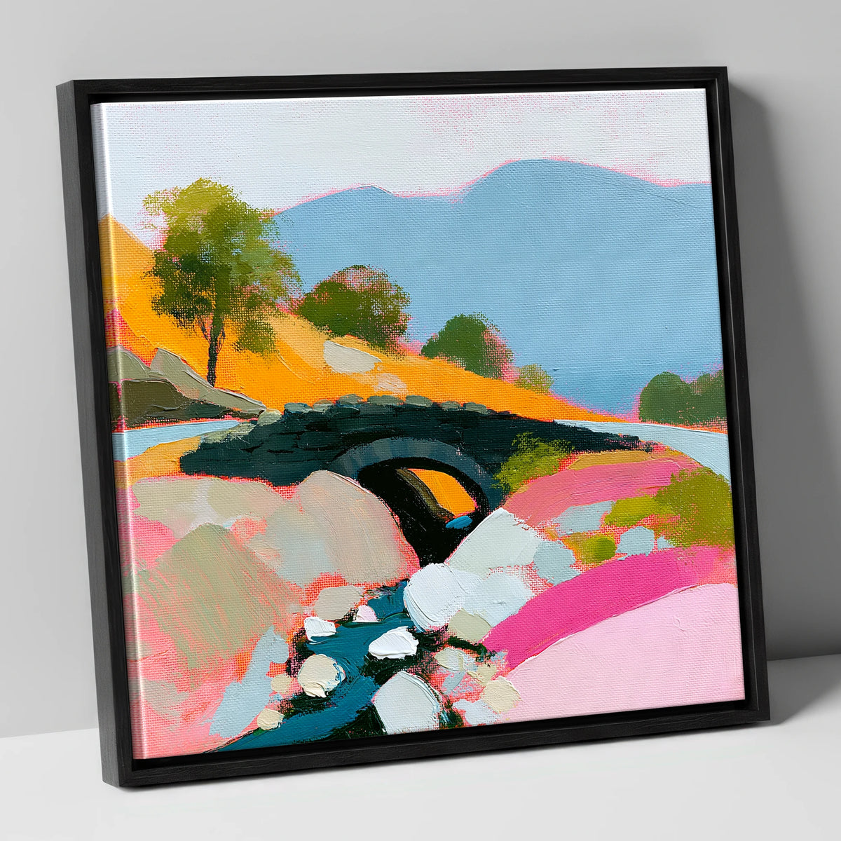 Vibrant Ashness Bridge Borrowdale lake district waterfall canvas wall art in black frame