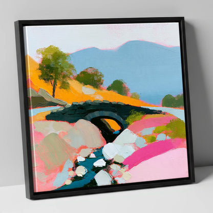Vibrant Ashness Bridge Borrowdale lake district waterfall canvas wall art in black frame