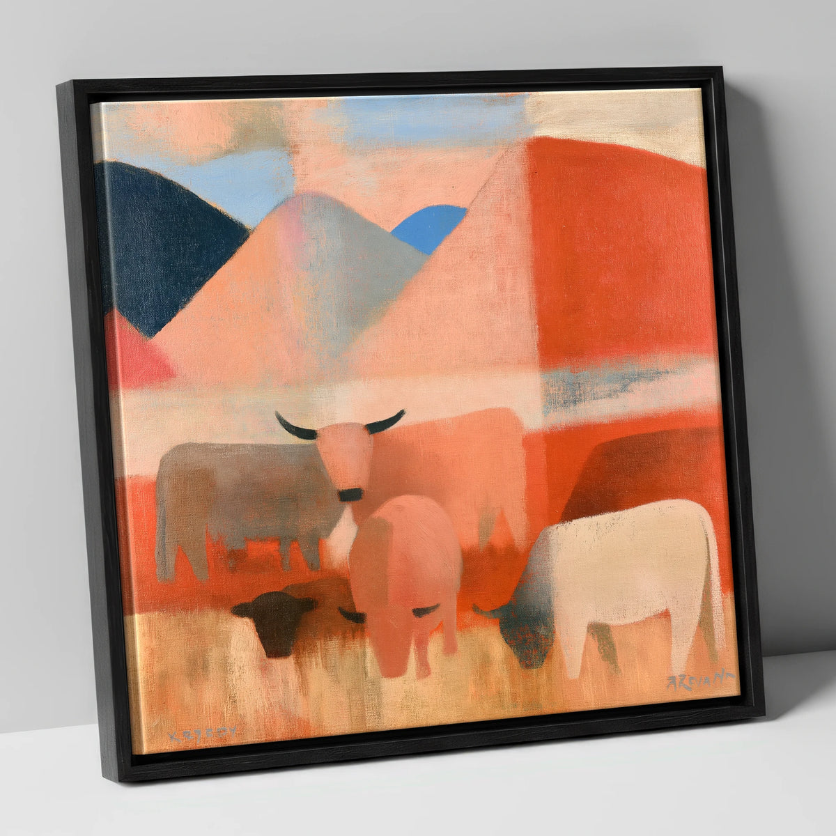 Highland Cattle and Terracotta Fells lake district wildlife canvas wall art in black frame