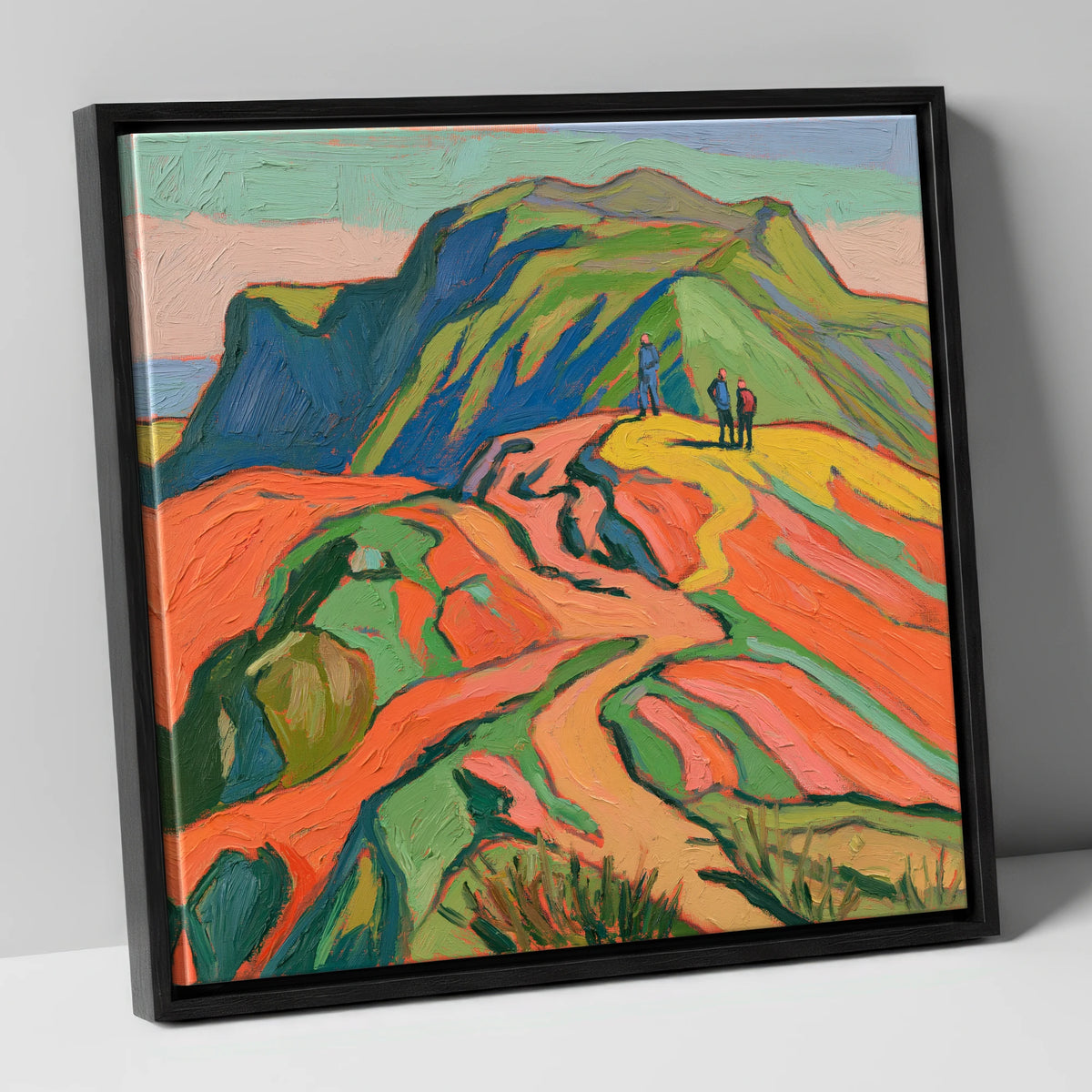 Vibrant Fell Walkers on the Ridge lake district fell canvas wall art in black frame