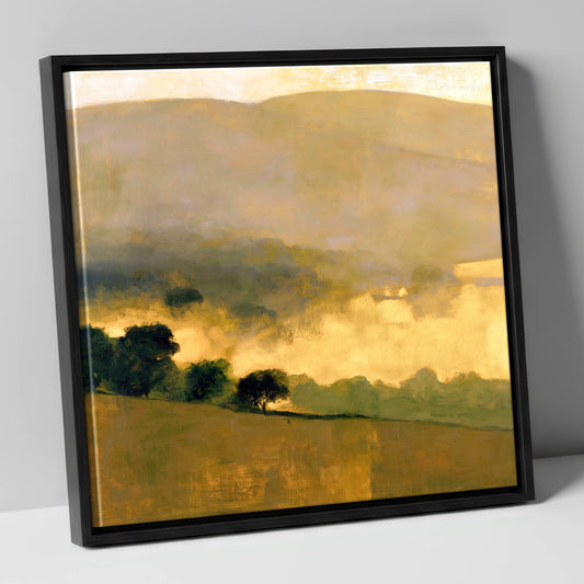 Golden Valley Mist at Dawn lake district sky canvas wall art in black frame