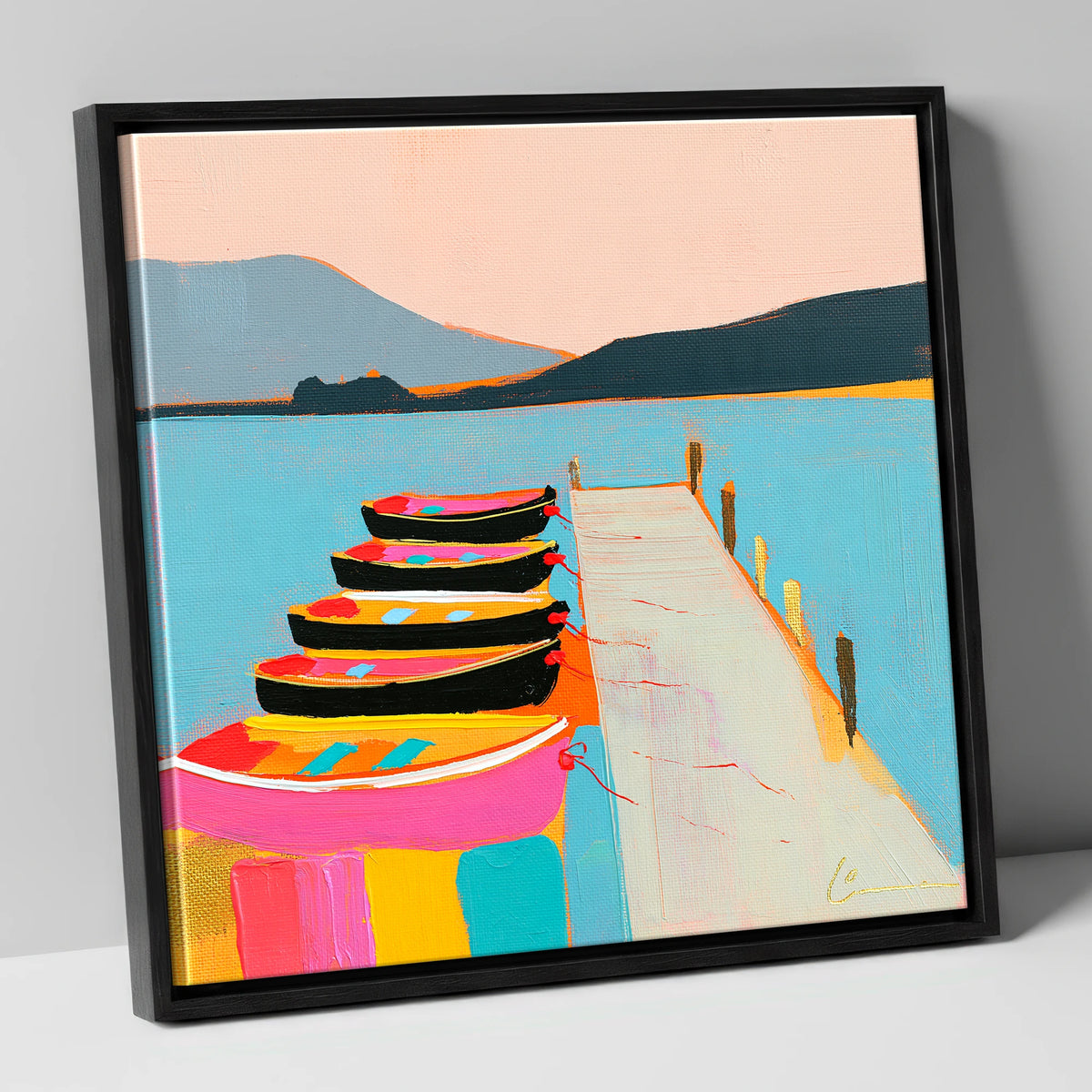Vibrant Moored Boats on Windermere lake district lake canvas wall art in black frame
