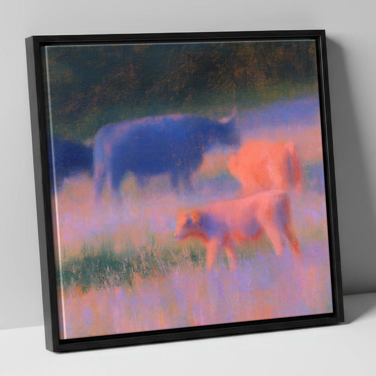 Highland Cattle in Twilight Haze lake district wildlife canvas wall art in black frame
