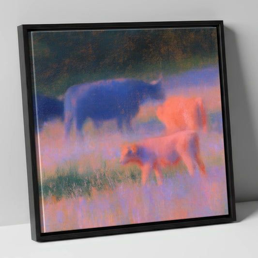 Highland Cattle in Twilight Haze lake district wildlife canvas wall art in black frame