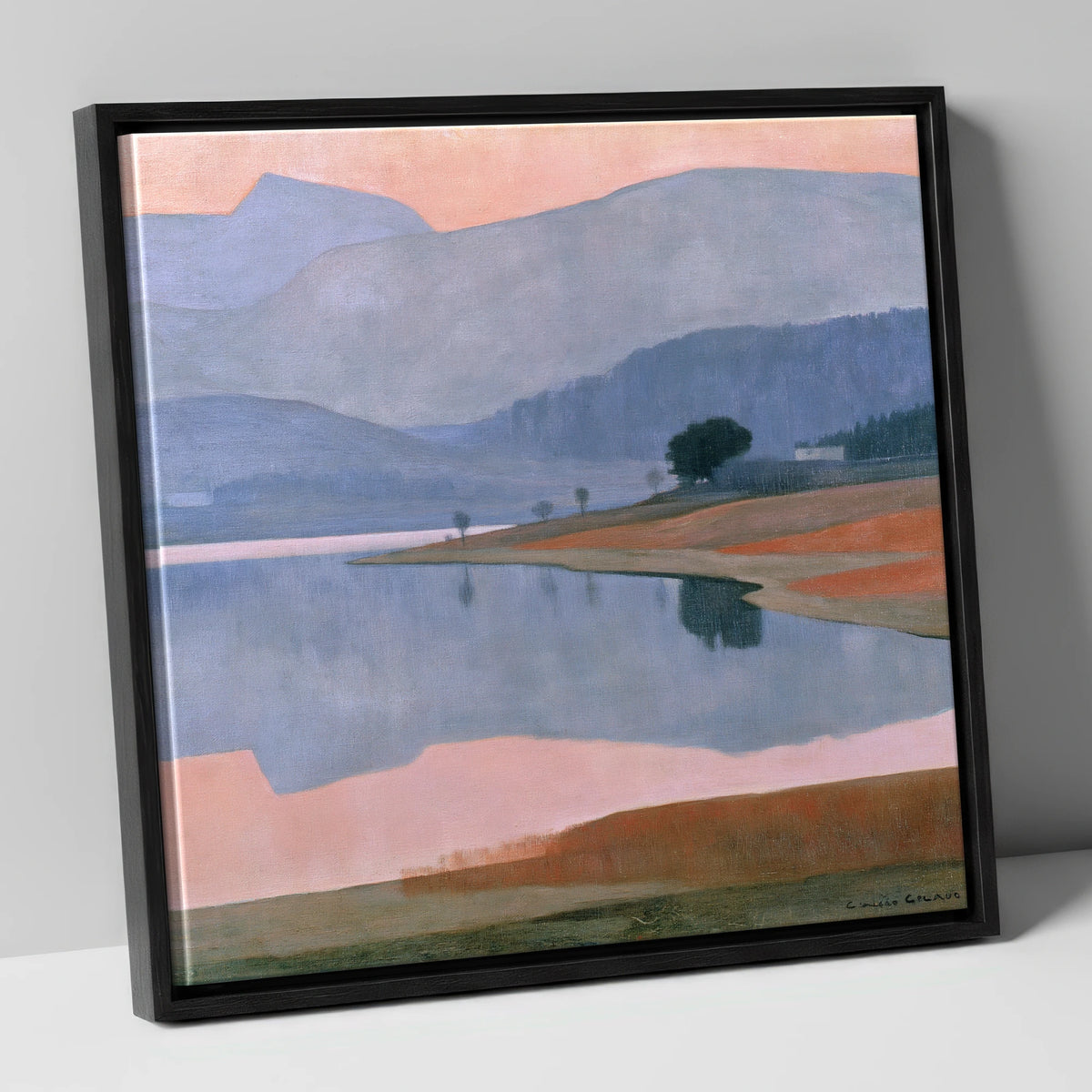 Lavender Fells and Still Lake lake district lake canvas wall art in black frame