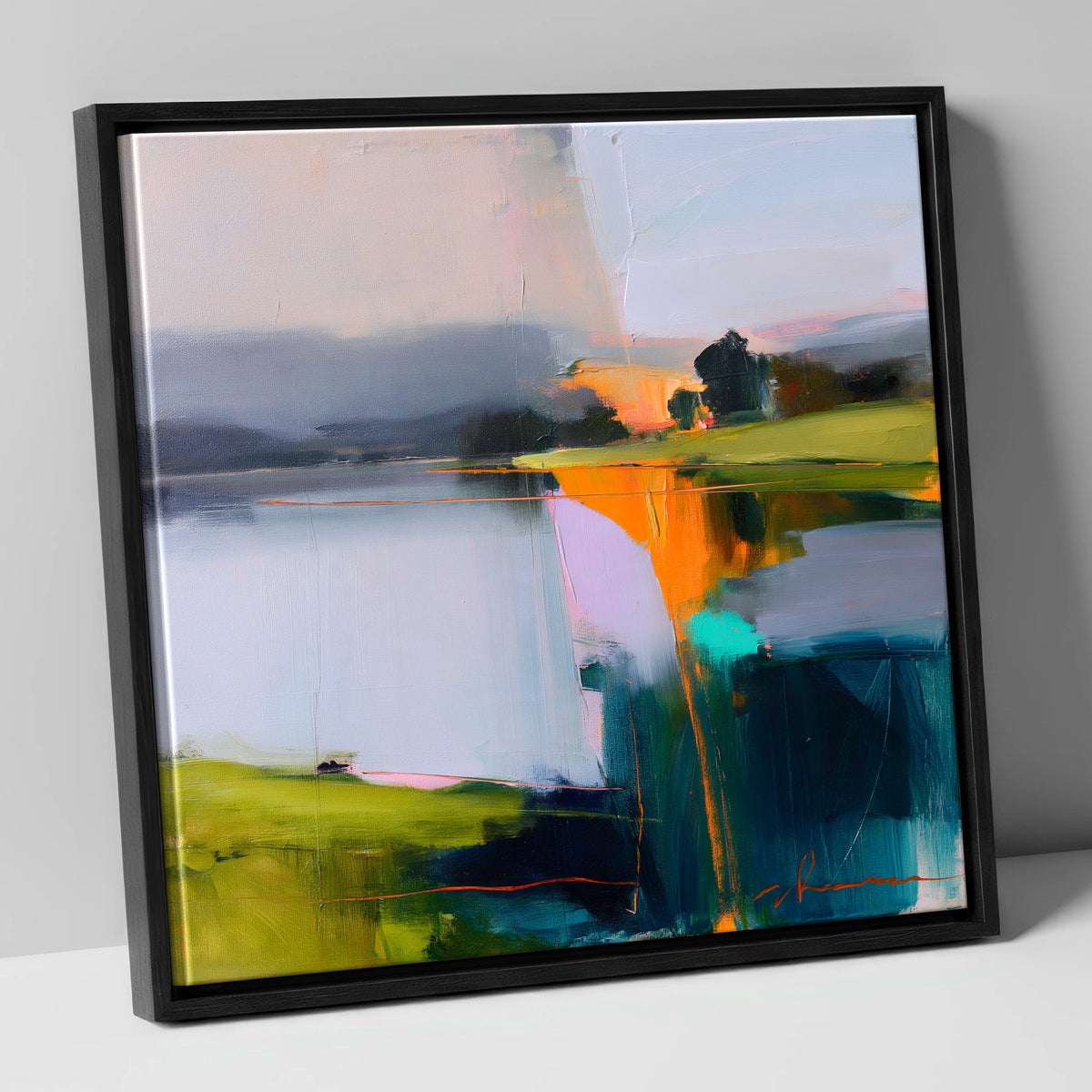 Vibrant Dawn on Still Lake lake district lake canvas wall art in black frame