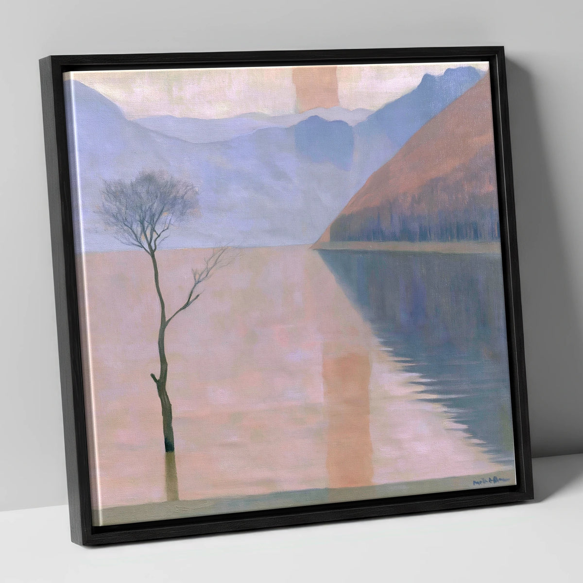 Buttermere Lone Tree in Pastel Light lake district lake canvas wall art in black frame
