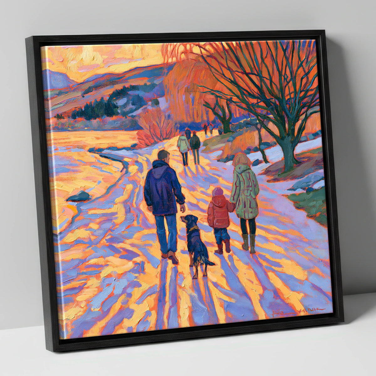 Sunset Dog Walk at Keswick gifts for dog walkers canvas wall art in black frame