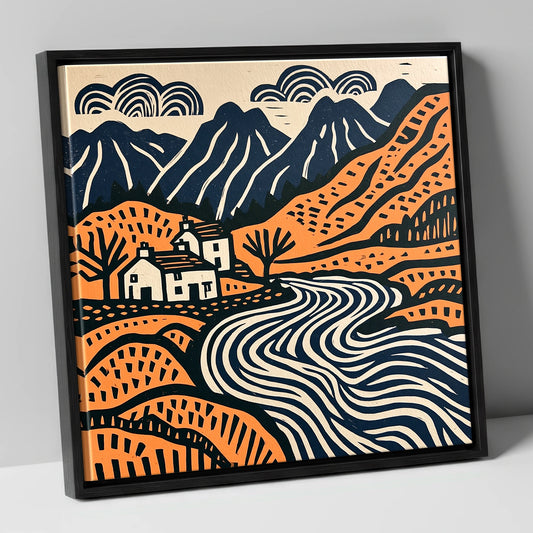 Grasmere Valley in Terracotta and Navy lake district lake canvas wall art in black frame