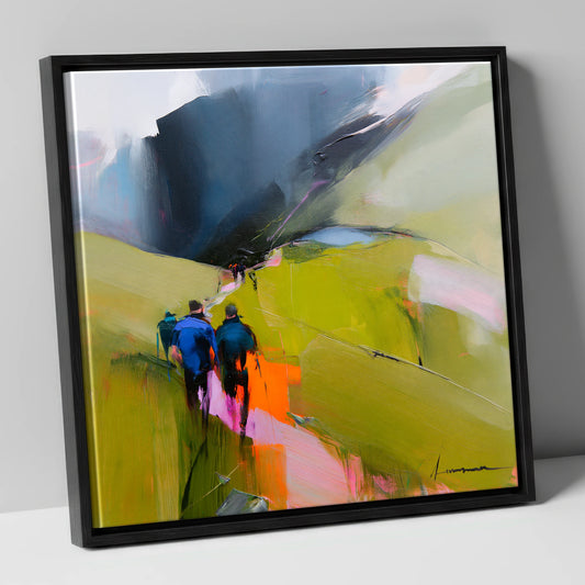 Walkers on Vibrant Fell Path lake district walking canvas wall art in black frame