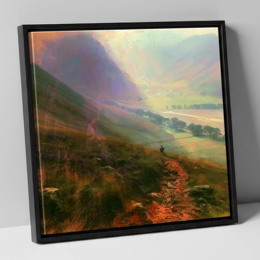 Sunlit Path to the Green Valley lake district valley canvas wall art in black frame