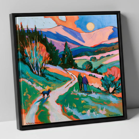 Colourful Keswick Dog Walk gifts for dog walkers canvas wall art in black frame