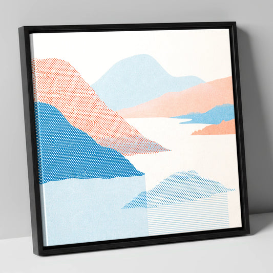 Ullswater Fells in Coral and Blue lake district lake canvas wall art in black frame