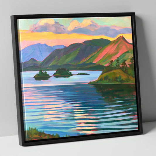 Vibrant Derwentwater and Catbells Sunset lake district lake canvas wall art in black frame