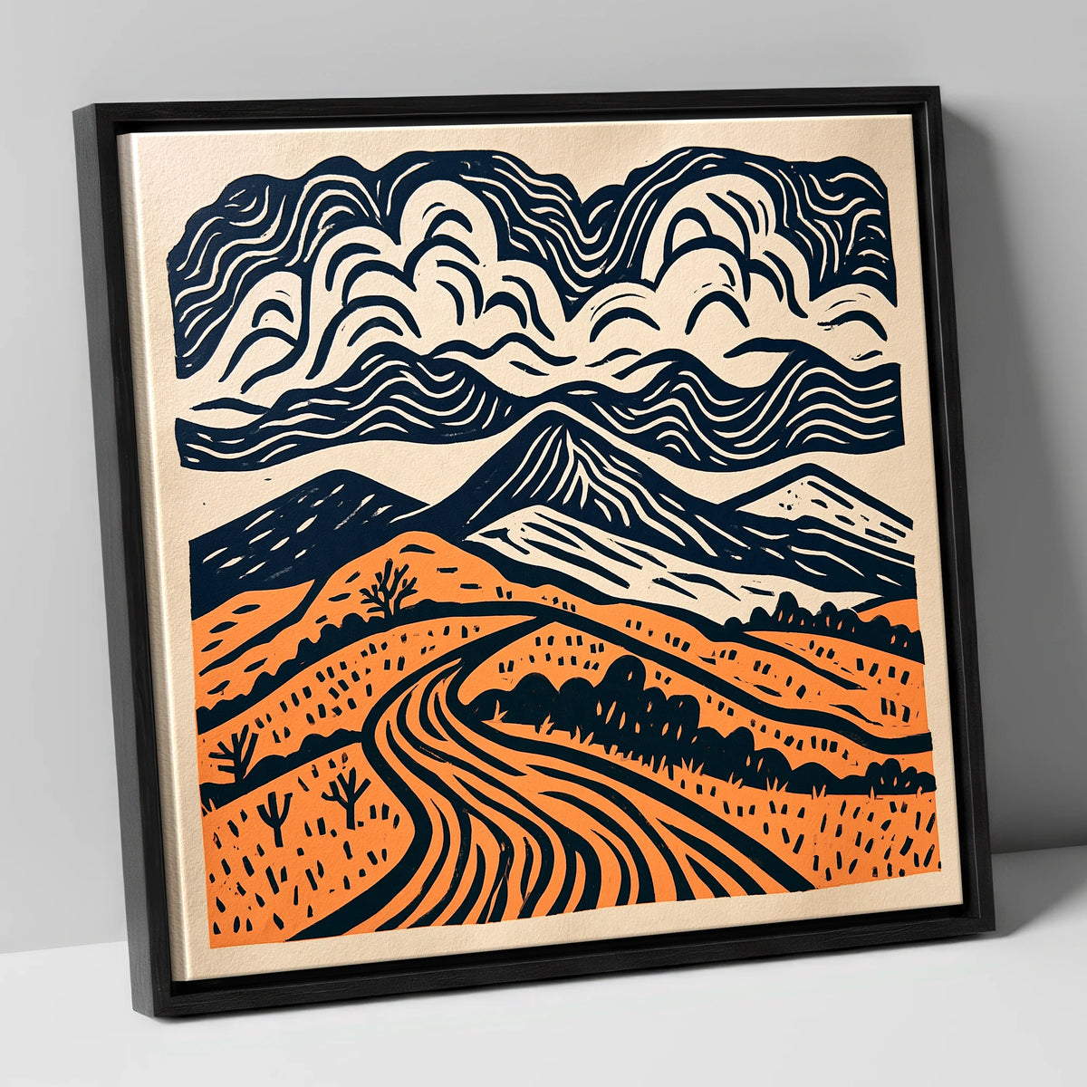 Rhythmic Terracotta Fells Under Cloud lake district fell canvas wall art in black frame