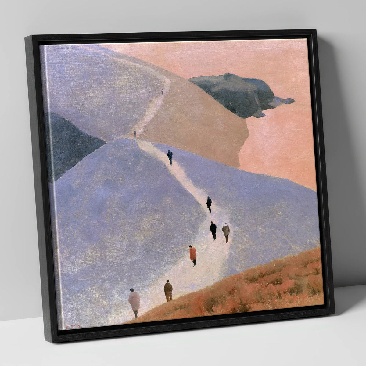 Walkers Ascending the Lavender Fells lake district walking canvas wall art in black frame
