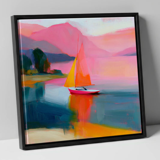 Vibrant Sailboat Beneath Pink Fells lake district walking canvas wall art in black frame