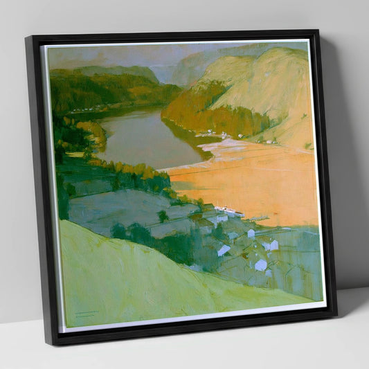 Glenridding and Ullswater Apricot Light lake district village canvas wall art in black frame