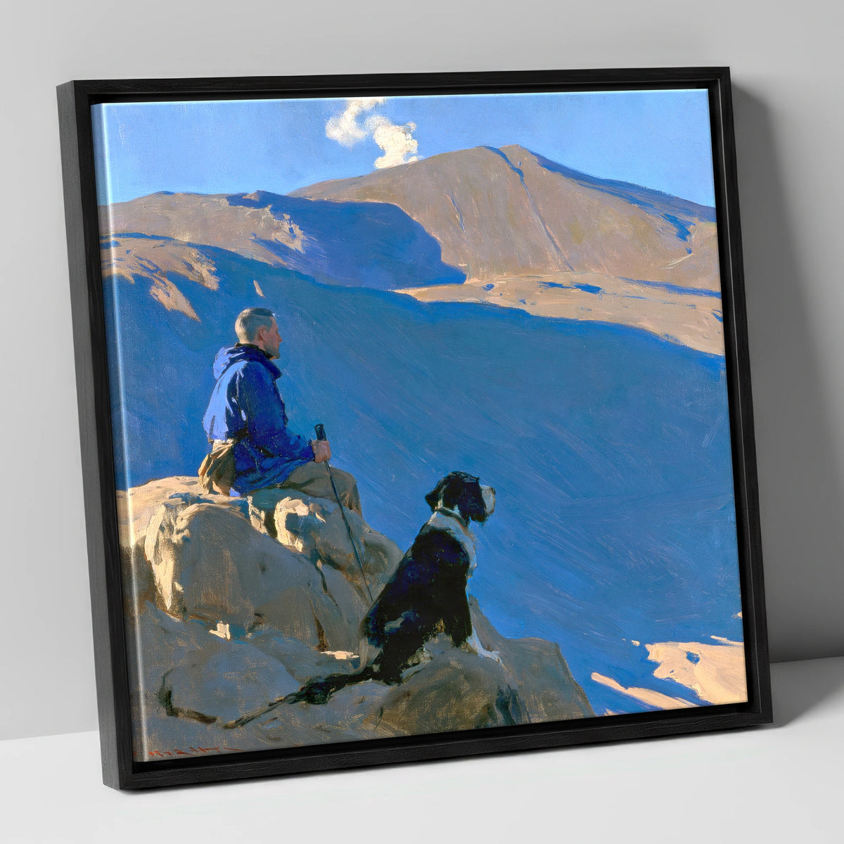 Sunlit Walker and Dog on Great Gable gifts for dog walkers canvas wall art in black frame