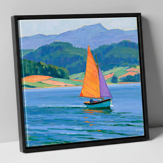 Sailing Boat on Breezy Lake lake district walking canvas wall art in black frame