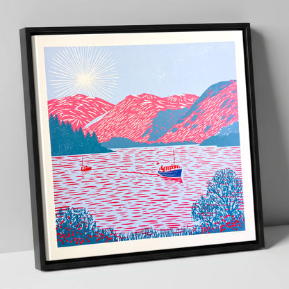 Ullswater Beneath Vibrant Pink Fells lake district lake canvas wall art in black frame