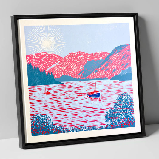 Ullswater Beneath Vibrant Pink Fells lake district lake canvas wall art in black frame