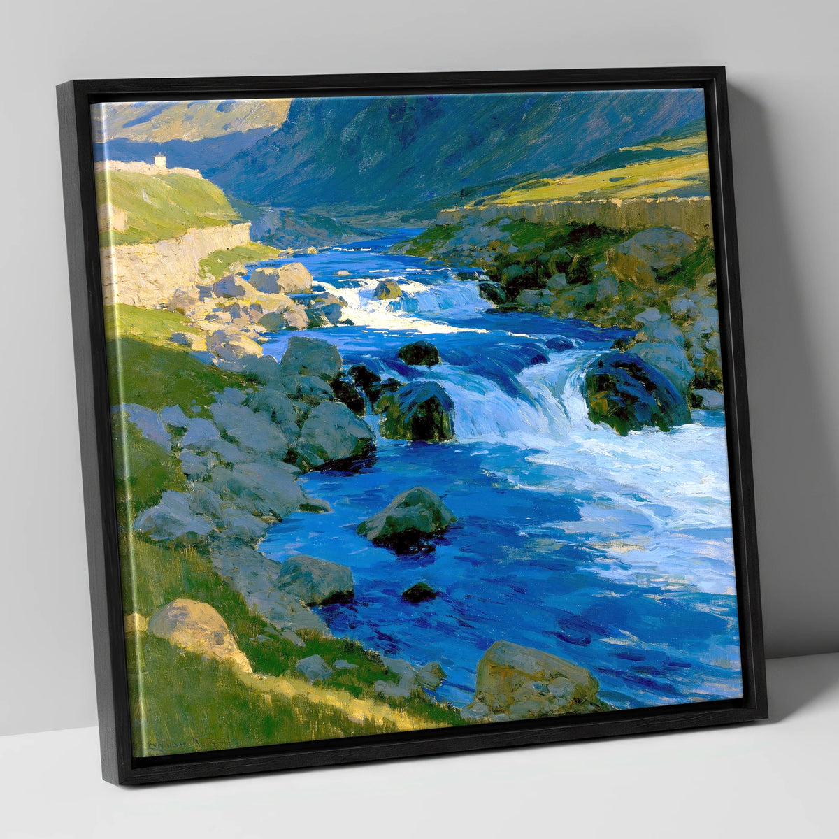 Vibrant Blue Fellside Beck lake district waterfall canvas wall art in black frame