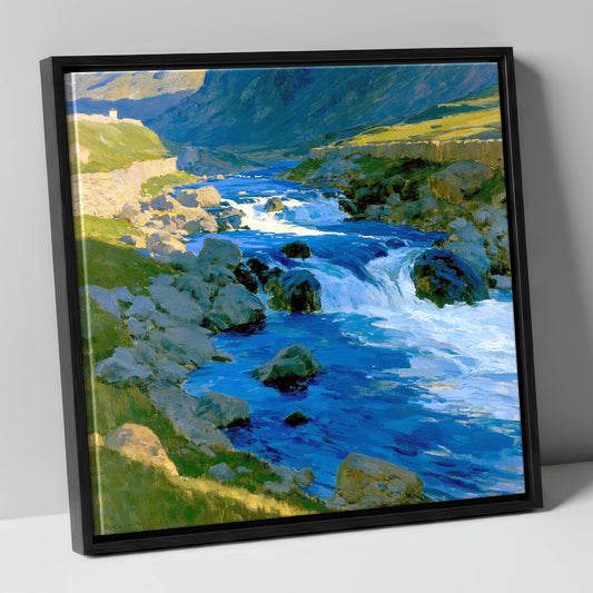 Vibrant Blue Fellside Beck lake district waterfall canvas wall art in black frame