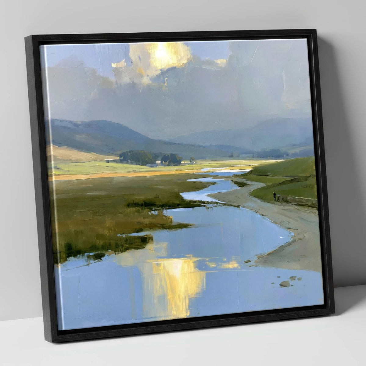 Winding River Below Rolling Fells lake district fell canvas wall art in black frame