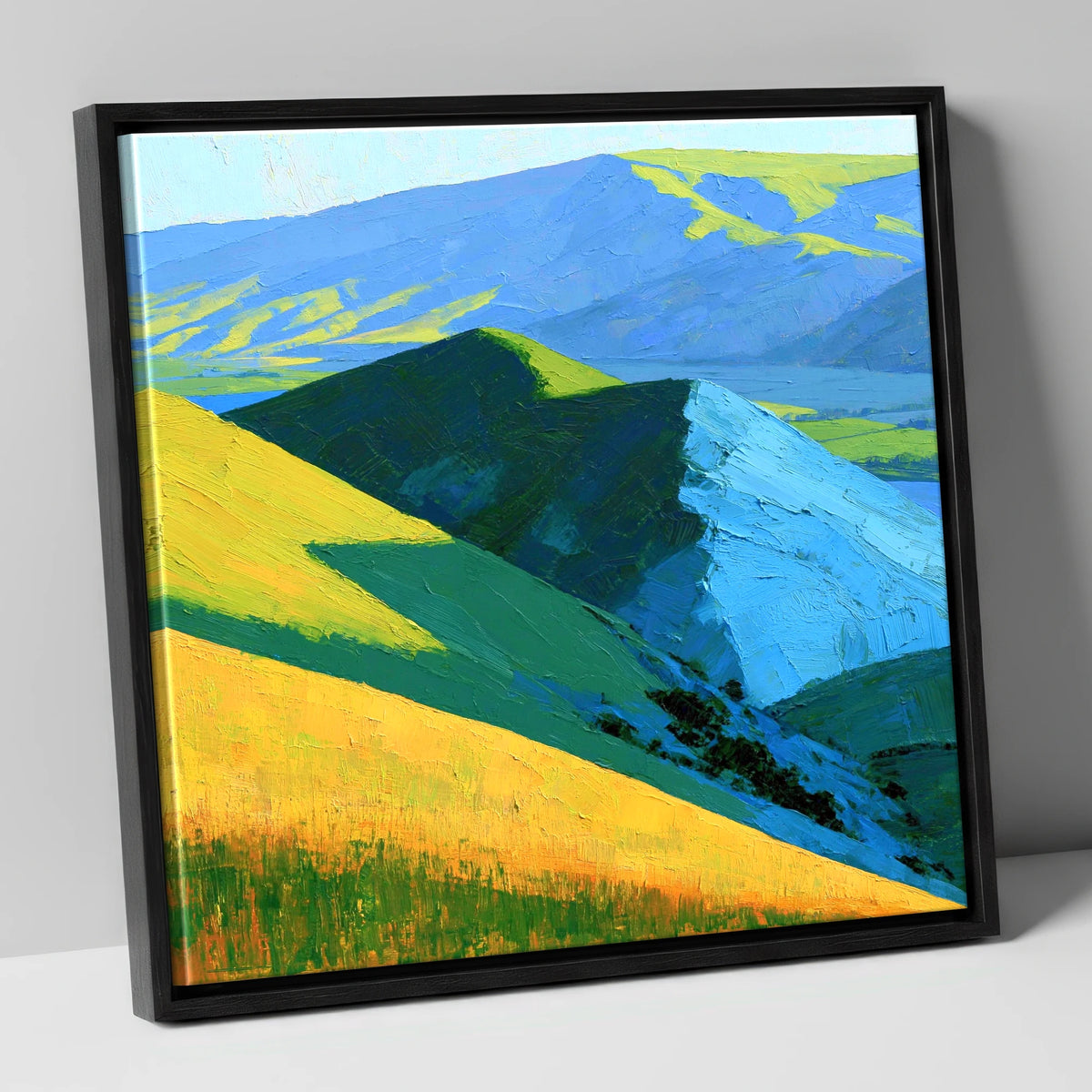 Vibrant Sunlit Fells and Deep Blue Shadows lake district sky canvas wall art in black frame